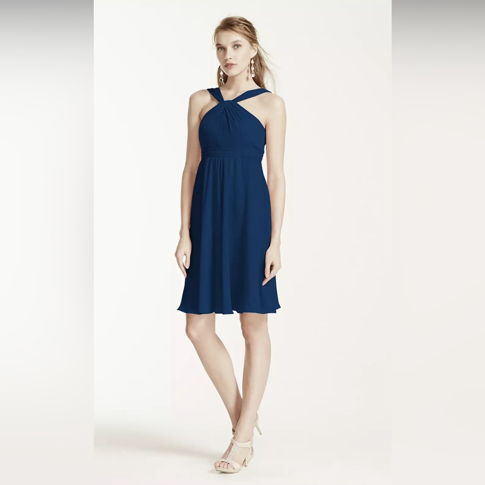 David's Bridal Short Crinkle Chiffon Y Bridesmaid Dress in Gem Size: 6